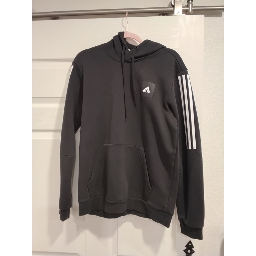 Adidas Black Hooded Sweatshirt Hoodie Athletic 3 Stripe Logo Mens Medium
